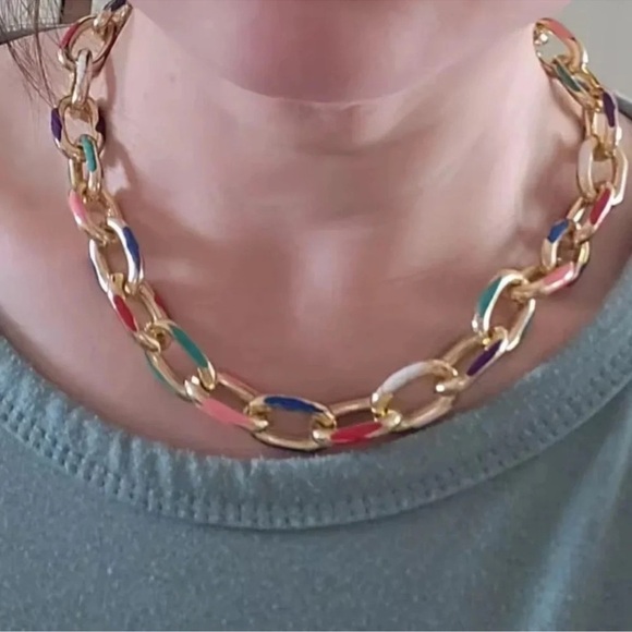 Cuban Color Block Chain Gold Link Necklace - Picture 6 of 8
